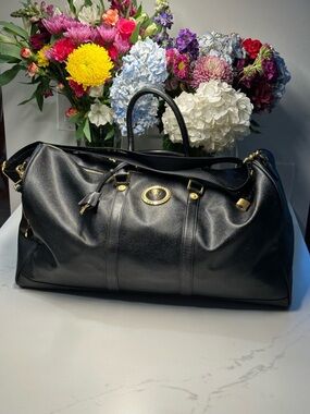 Versace Unisex Black Leather Duffel with Gold Medallion